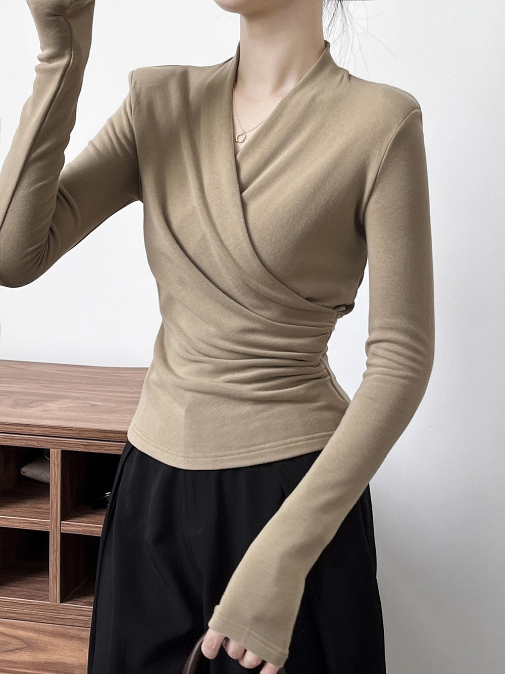 [Korean Style] Padded Shoulder Solid Color V-Neck Wrap Top