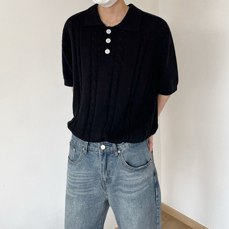 [Korean Style] Turn-Down Collar Knitted 1/2 T-shirts