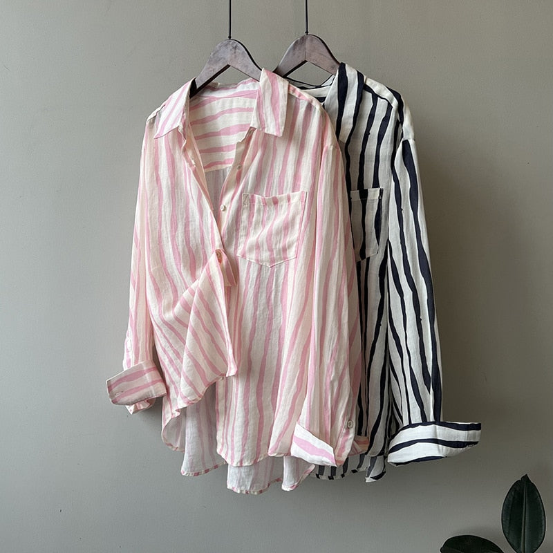[Korean Style] 2 Colors Linen Striped Long-Sleeve Shirt