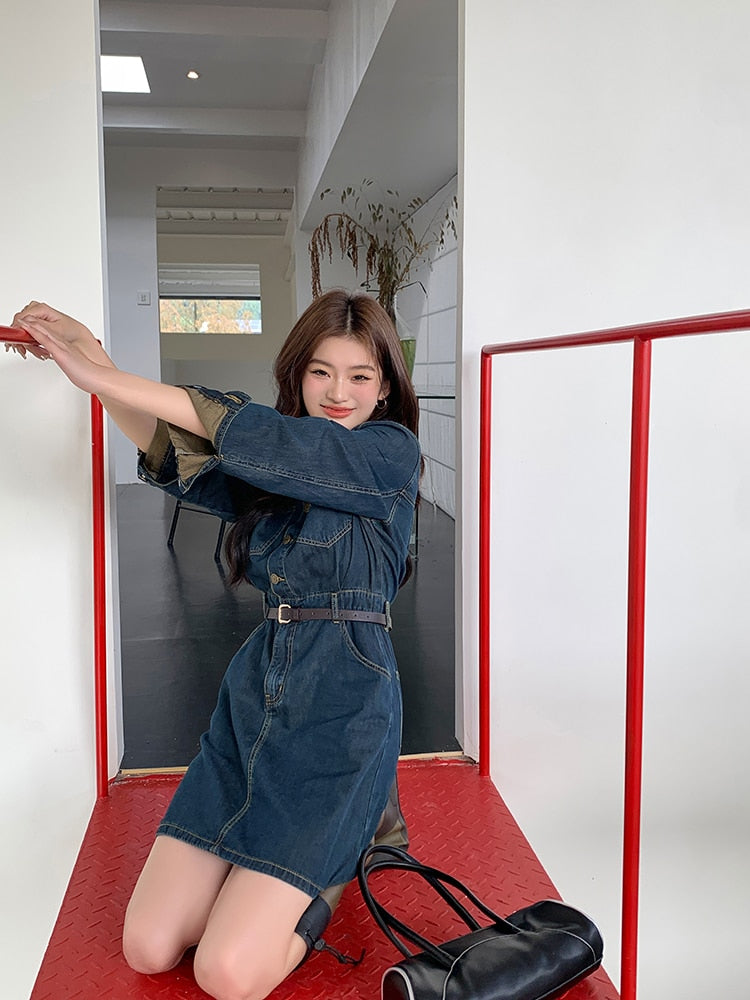 [Korean Style] Long Sleeve Single Breasted Denim Dress w/ Belt