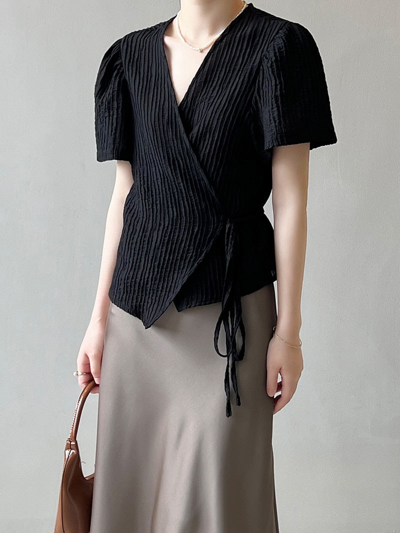 [Korean Style] Textured V-neck Puff Sleeve Drawstring Wrap Blouse