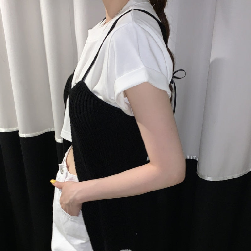 [Korean Style] Short Sleeve Crop Top Knit Camisole 2 Pc Set