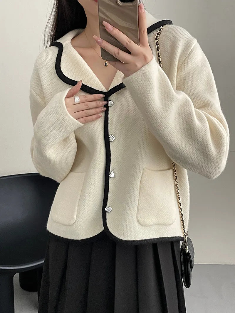 [Korean Style] Chic Heart Button Collared Pocket Cardigan