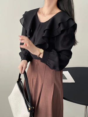 [Korean Style] Chic Solid Color Round Neck Ruffle Blouse