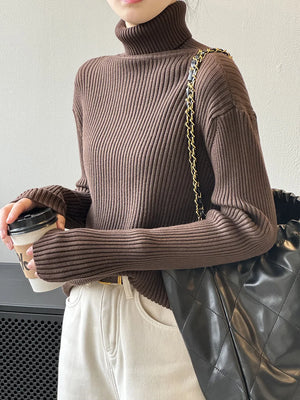 [Korean Style] Solid Color Versatile Slim Fit Rib Knit Turtleneck Sweater