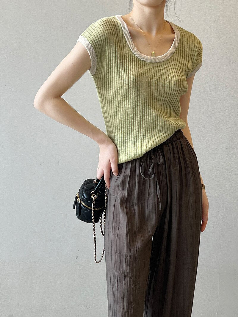 [Korean Style] Contrast Color Scoop Neck Rib Knit Top T-Shirt