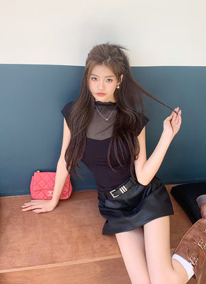 [Korean Style] Black Faux Leather Short Skort