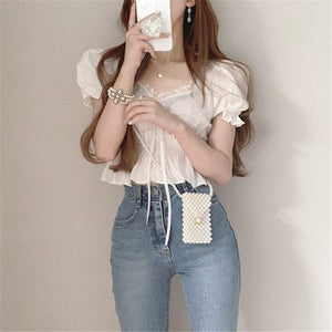 [Korean Style] Sweetheart Neckline Short Sleeve Cinched Waist Blouse