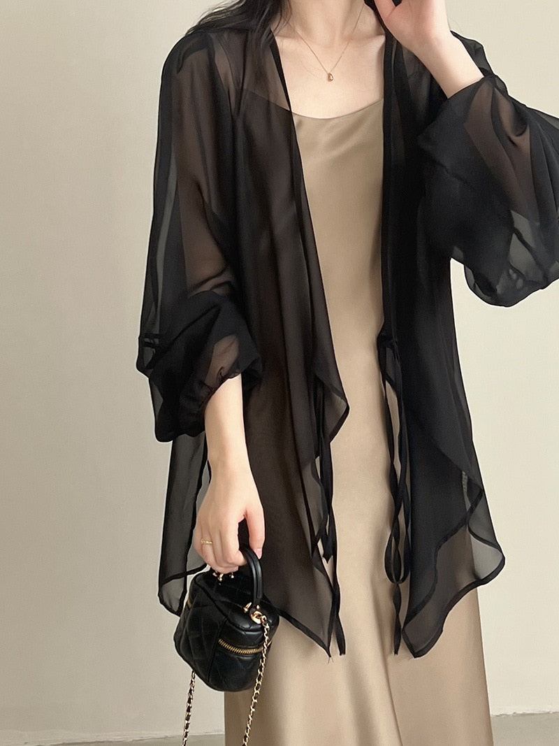 [Korean Style] Chiffon Ruffle Drawstring See-through Cover Shirts