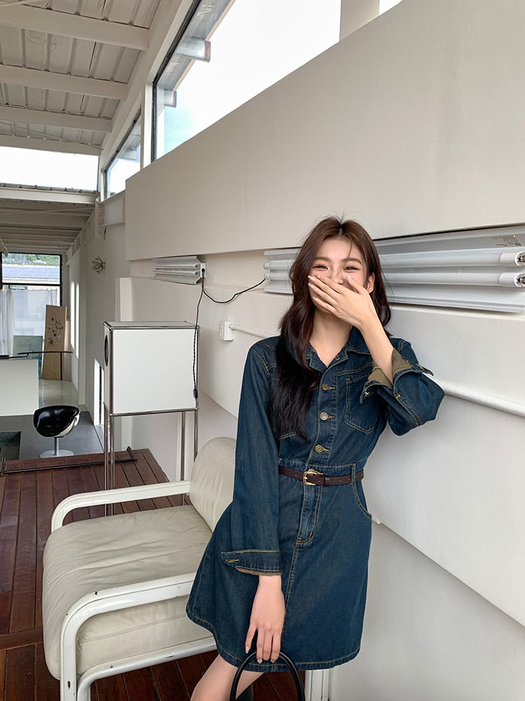 Korean Dress Denim Dresses 2018 Suit Collar Jean Women Dress 2026 New Fashion Spring Autumn Korean Korean Dress Denim Dresses 2018 Suit Collar Jean Women Dress 2026 New Fashion Spring Autumn Korean