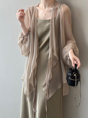 [Korean Style] Chiffon Ruffle Drawstring See-through Cover Shirts