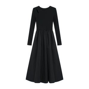 [Korean Style] A-line Long Sleeve Knitted One Piece Black Dress