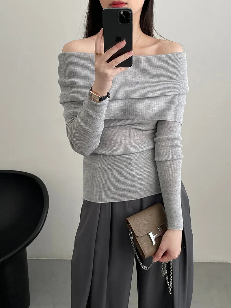 [Korean Style] Stripe Solid Color Slim Fit Off-shoulder Knit Top