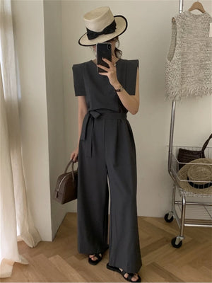 [Korean Style] Dark Grey Dress-up Belted Jumpsuit Romper