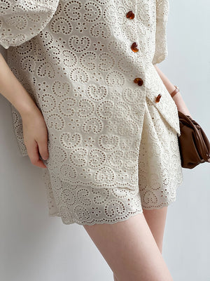 [Korean Style] French Lacey V-Neck Short Sleeve Blouse Shorts 2 pc Set