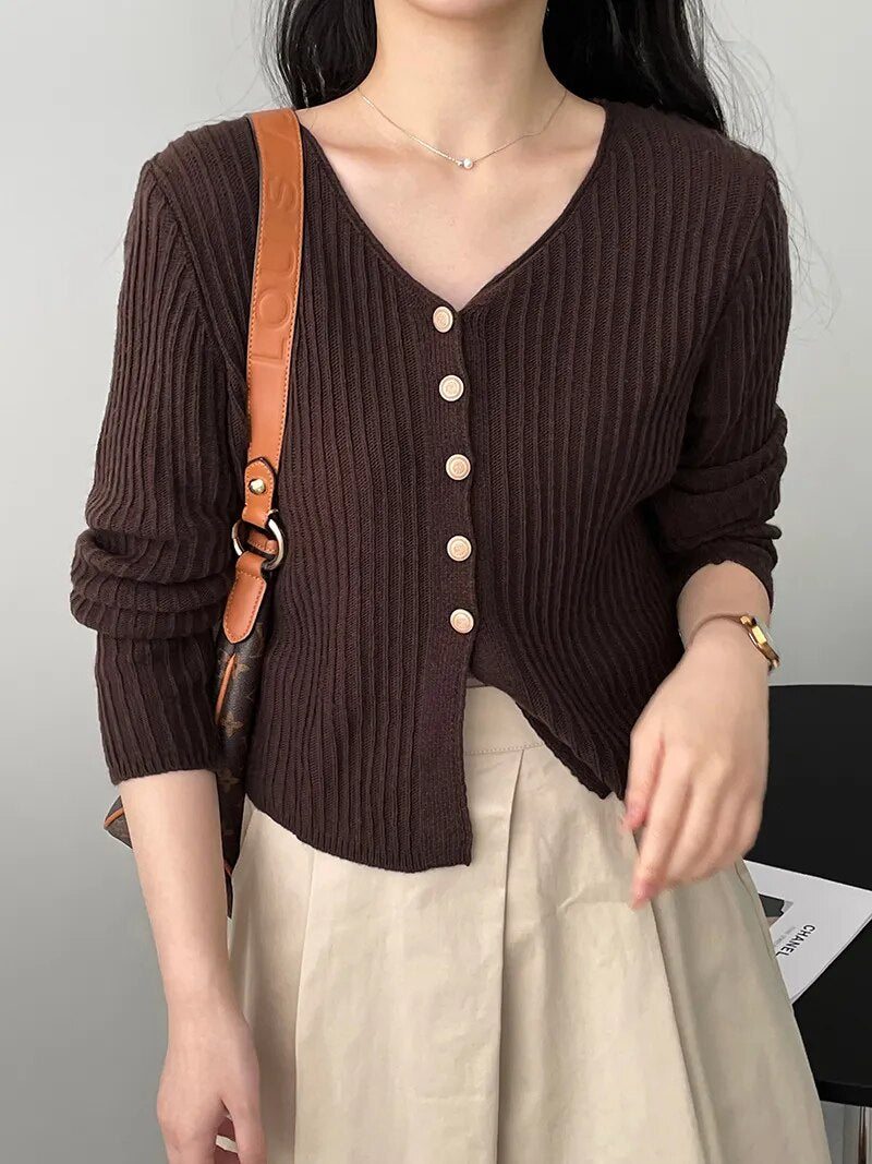 [Korean Style] V-neck Solid Color Crop Cardigan Knit Top