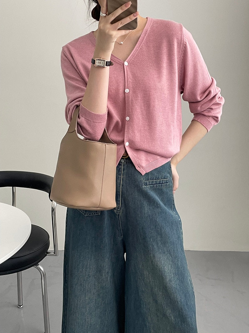 [Korean Style] Minimalistic 10 Colors V-neck Fine Knit Top Cardigan