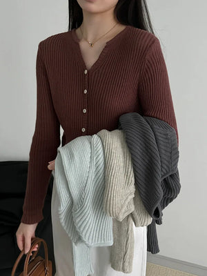 [Korean Style] 4 Colors V-Neck Long Sleeve Fine Knit Cardigan