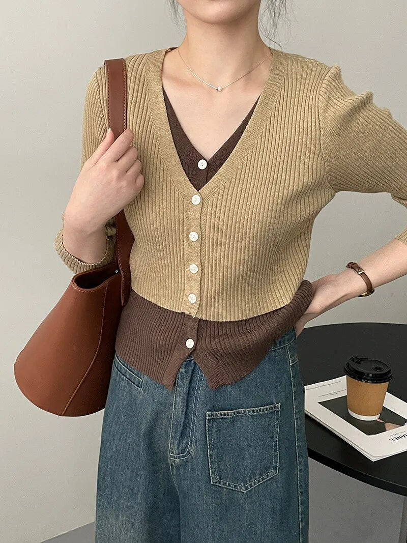 [Korean Style] V-neck Bi-color Layered Knit Top Cardigan