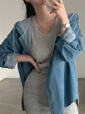 [Korean Style] Hooded Long Sleeve Denim Shirt Jacket