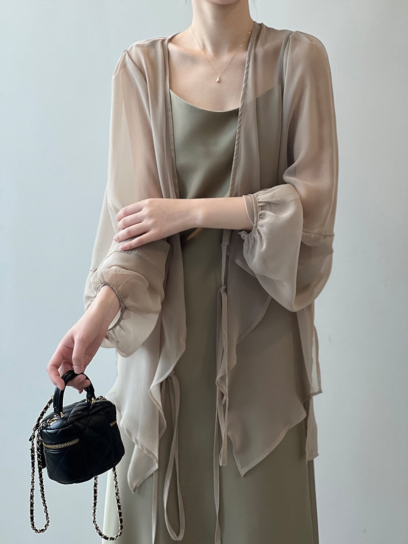 [Korean Style] Chiffon Ruffle Drawstring See-through Cover Shirts