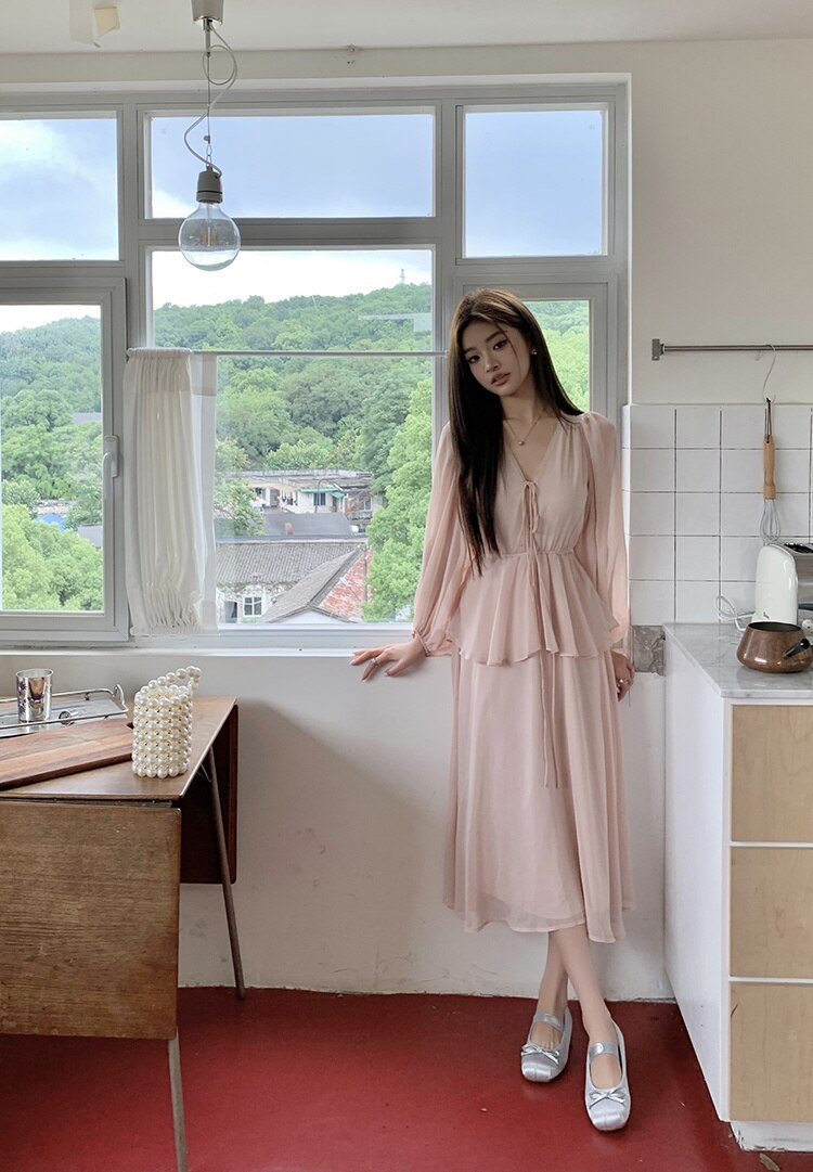 [Korean Style] Pink Puff Sleeve Ruffled Chiffon Short Midi Dress