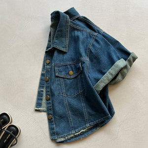 [Korean Style] Vintage Style Short Sleeve Crop Denim Jacket