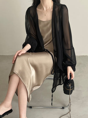 [Korean Style] Chiffon Ruffle Drawstring See-through Cover Shirts