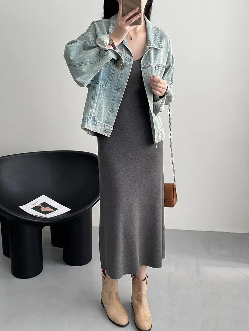 [Korean Style] Solid Color U-neckline Slim Fit Knit Midi Dress