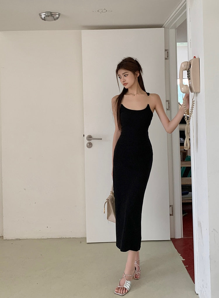 [Korean Style] Spaghetti Strap Black Bodycon Midi Dress