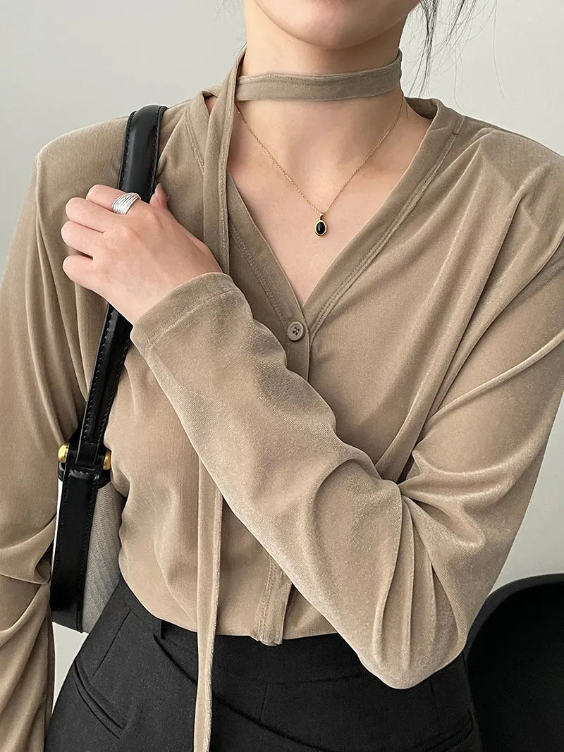 [Korean Style] Velvet V-Neckline Thin Tie Long Sleeve Top