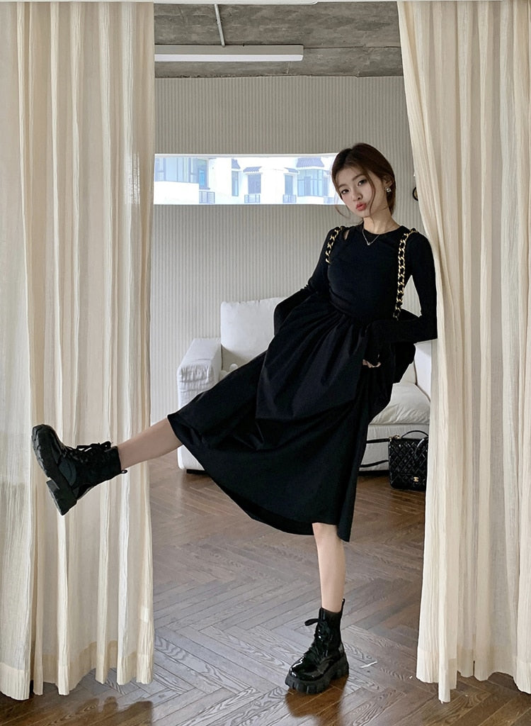 [Korean Style] A-line Long Sleeve Knitted One Piece Black Dress