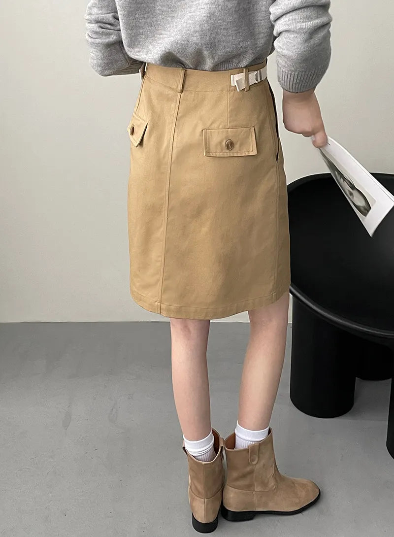 [Korean Style] Retro Straight Barrel Pocket Half Skirt