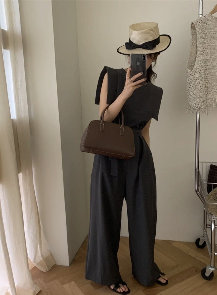 [Korean Style] Dark Grey Dress-up Belted Jumpsuit Romper