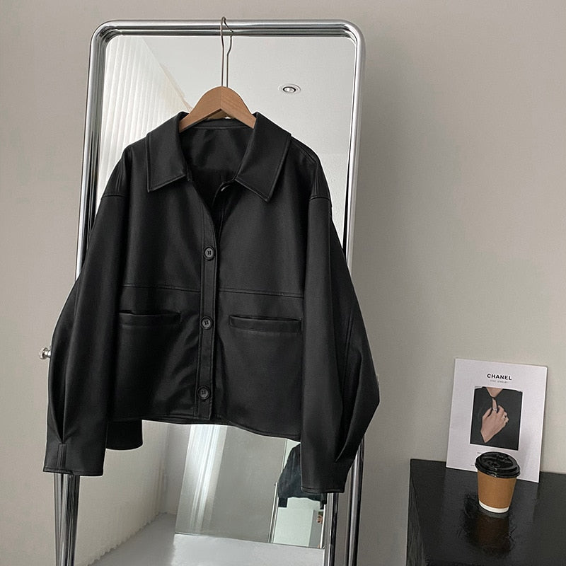 [Korean Style] Single Breasted Soft Black Faux Leather Jacket