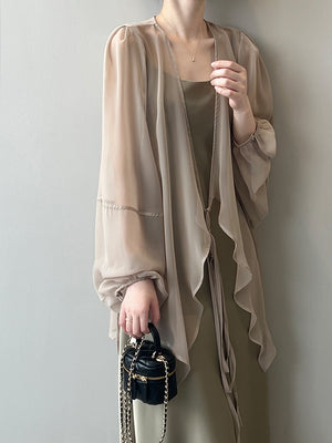 [Korean Style] Chiffon Ruffle Drawstring See-through Cover Shirts