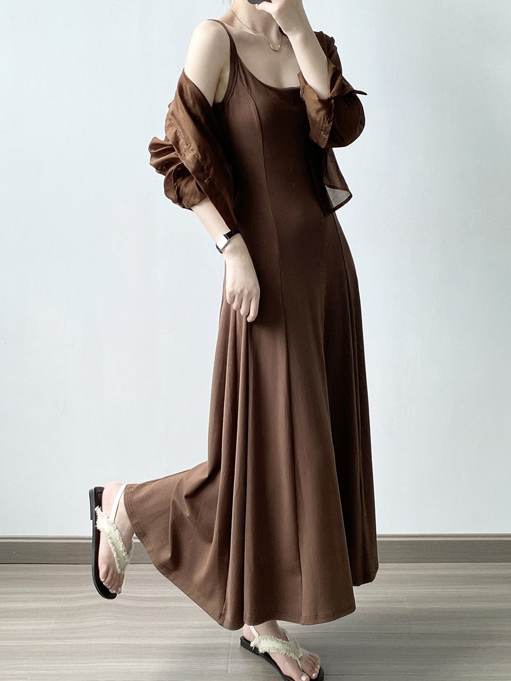[Korean Style] Solid Color Lightly Padded Casual Maxi A-line Dress