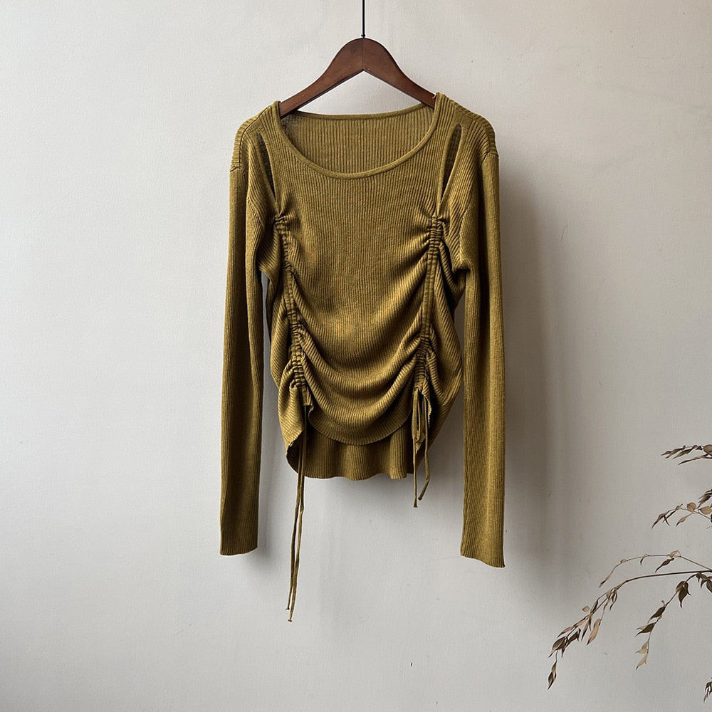 [Korean Style] Solid Color Round Neck Drawstring Cut-out Knit Top
