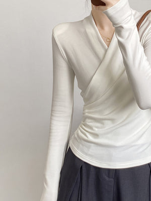 [Korean Style] Padded Shoulder Solid Color V-Neck Wrap Top