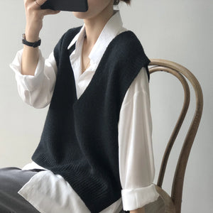 [Korean Style] Solid Color Loose Fit U-Neck Knit Vest