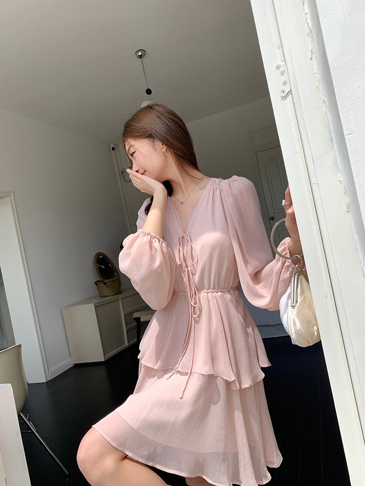 [Korean Style] Pink Puff Sleeve Ruffled Chiffon Short Midi Dress