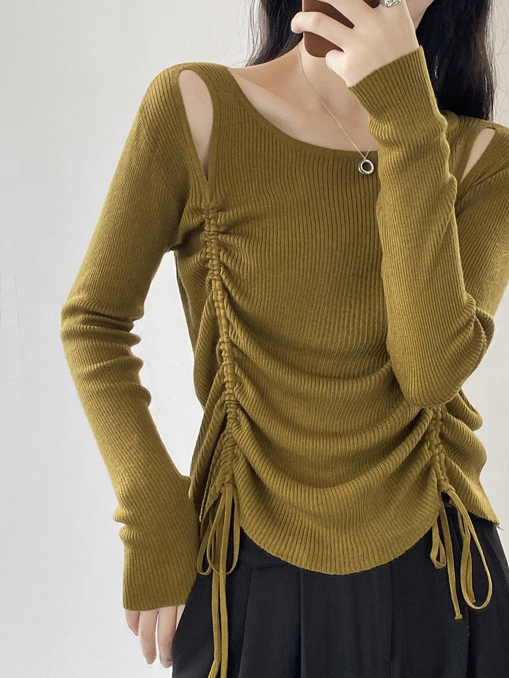 [Korean Style] Solid Color Round Neck Drawstring Cut-out Knit Top
