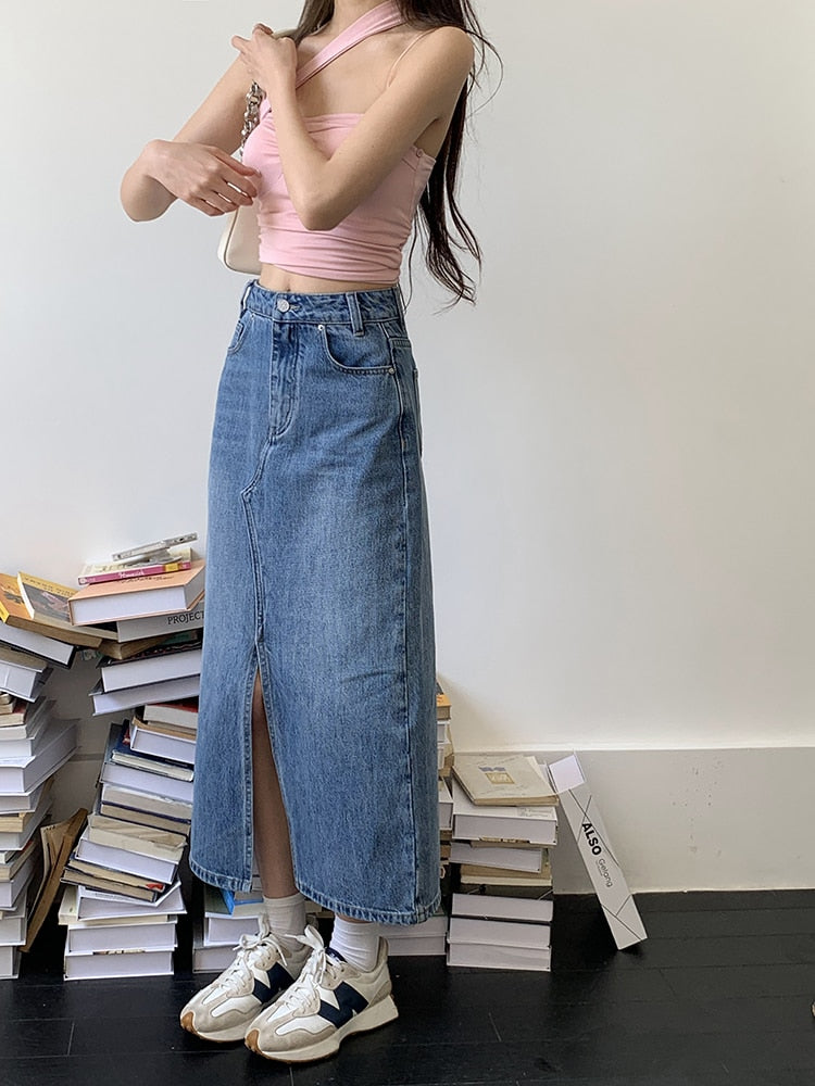 [Korean Style] High Rise Front Slit Denim Long Skirt