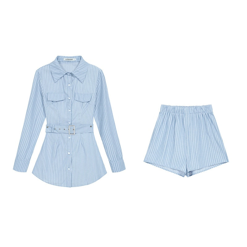 [Korean Style] Co-ord Stripe Button-up Shirtdress + Shorts 2 pc Set