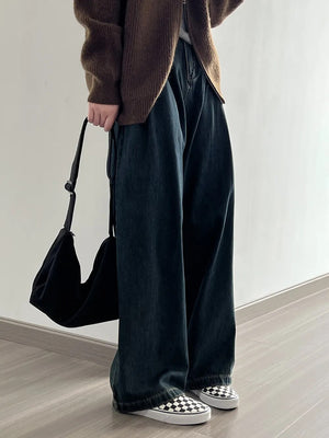 [Korean Style] High Quality Pleated Wide Leg Washed Jeans