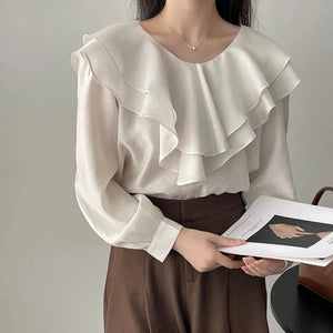 Korean Style Chic Solid Color Round Neck Ruffle Blouse Ordicle
