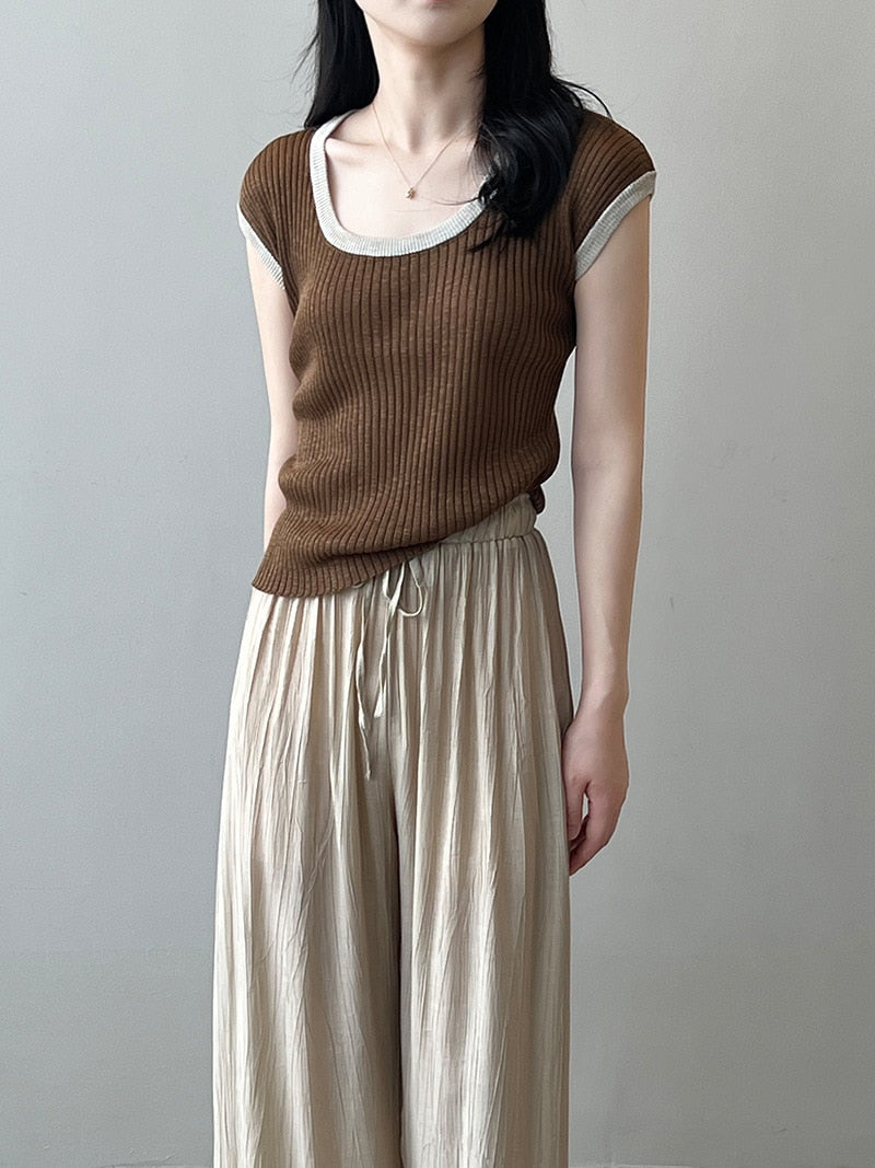 [Korean Style] Contrast Color Scoop Neck Rib Knit Top T-Shirt