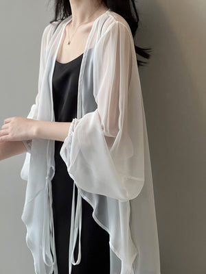 [Korean Style] Chiffon Ruffle Drawstring See-through Cover Shirts