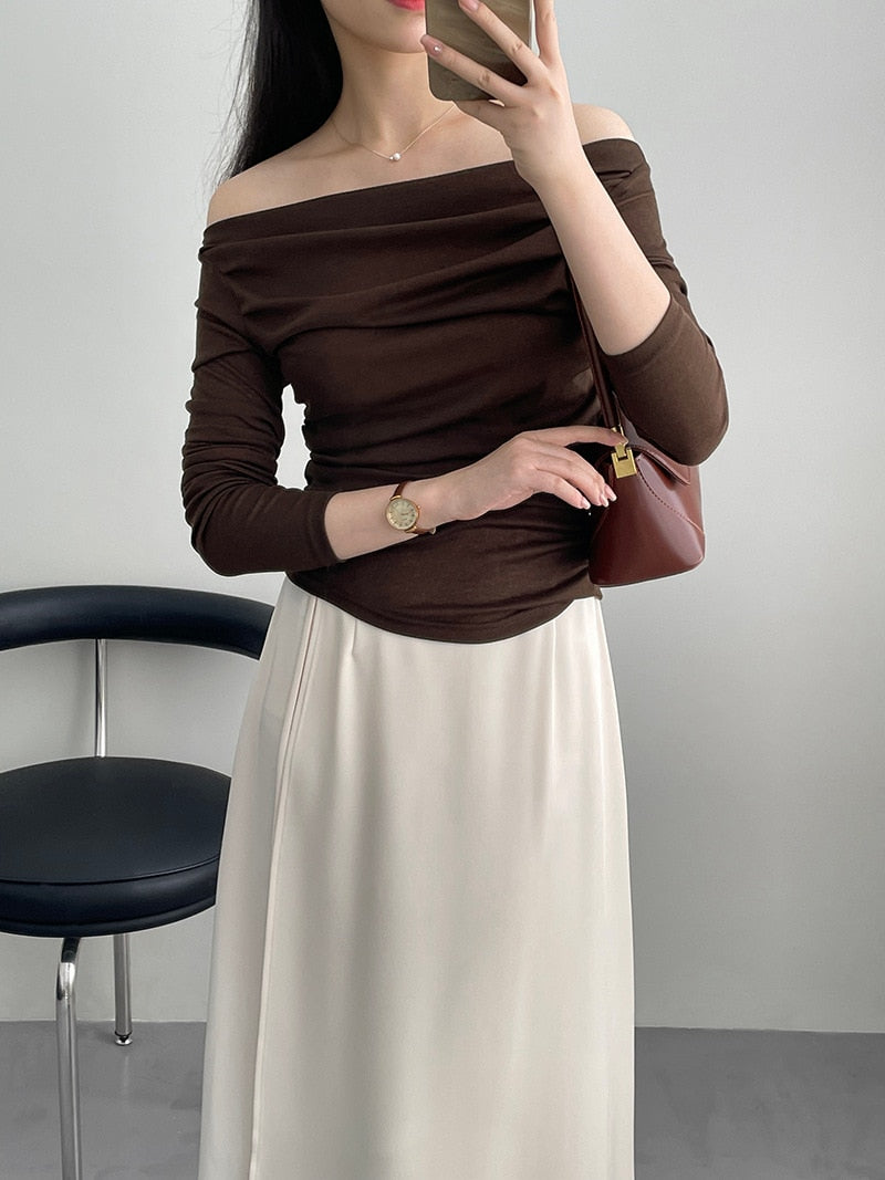 [Korean Style] Ballet Core Solid Color Slim Fit Off-the-shoulder Ruched Top