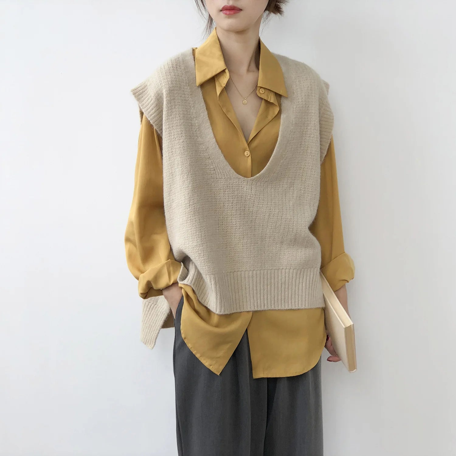[Korean Style] Solid Color Loose Fit U-Neck Knit Vest